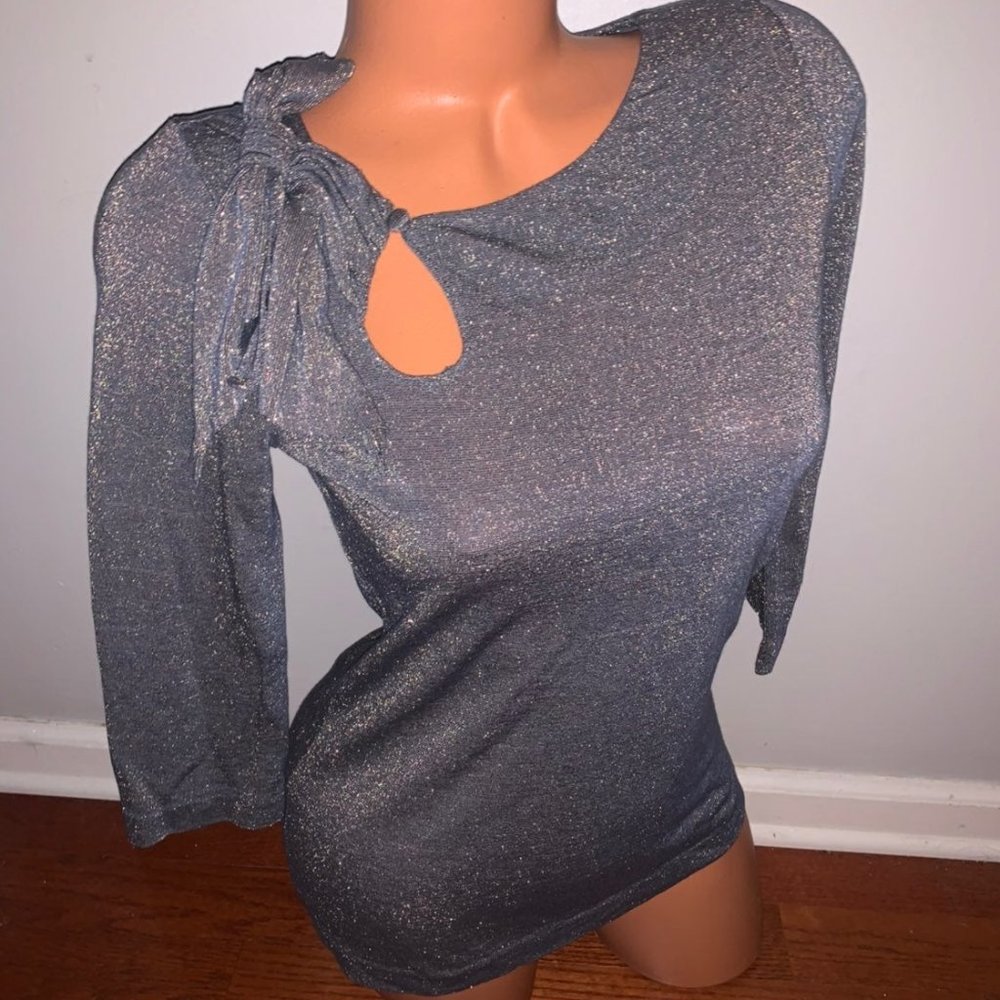 Deletta Anthropologie Gray Glitter Keyhole Blouse